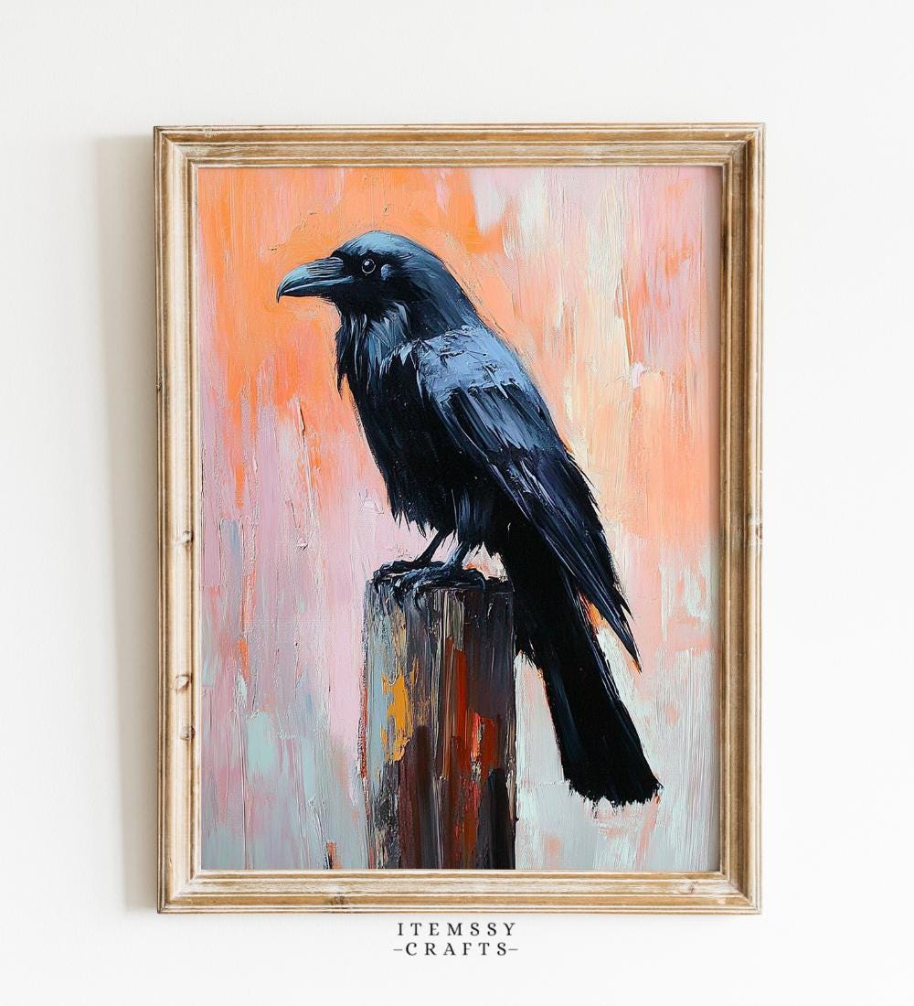 Black Crow Perched on Post Against Peach Orange wall art print