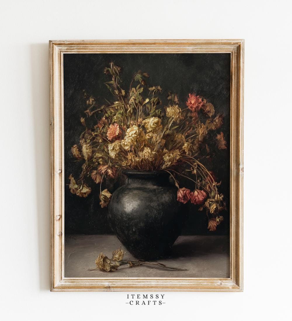 Dried Wilted Flowers in Dark Clay Pot wall art print
