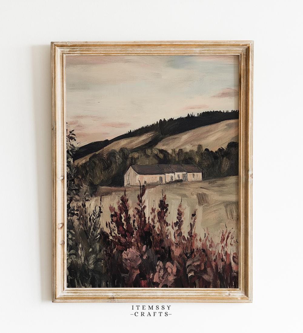 Rural Farmhouse Among Burgundy Wildflowers and wall art print