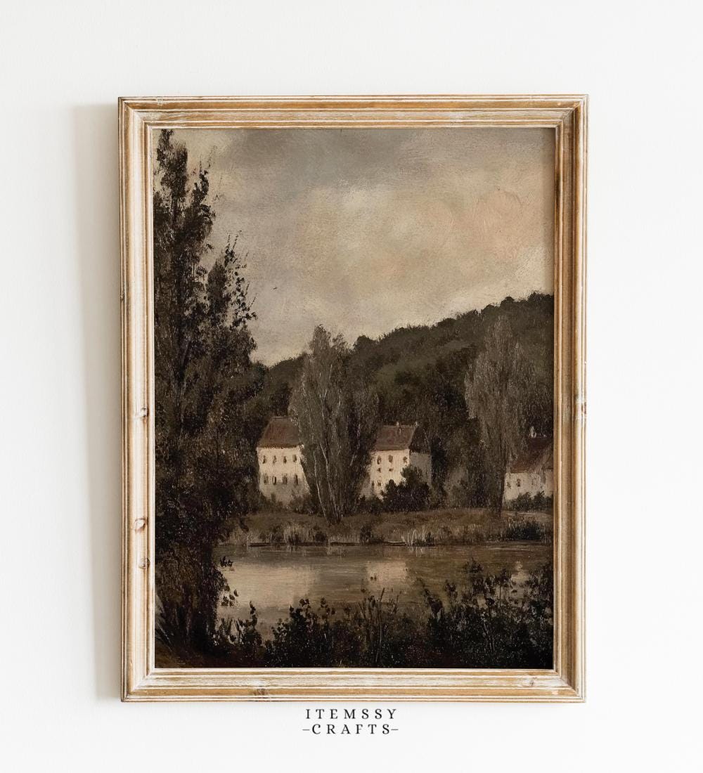 Moody European Village by River with White Houses wall art print
