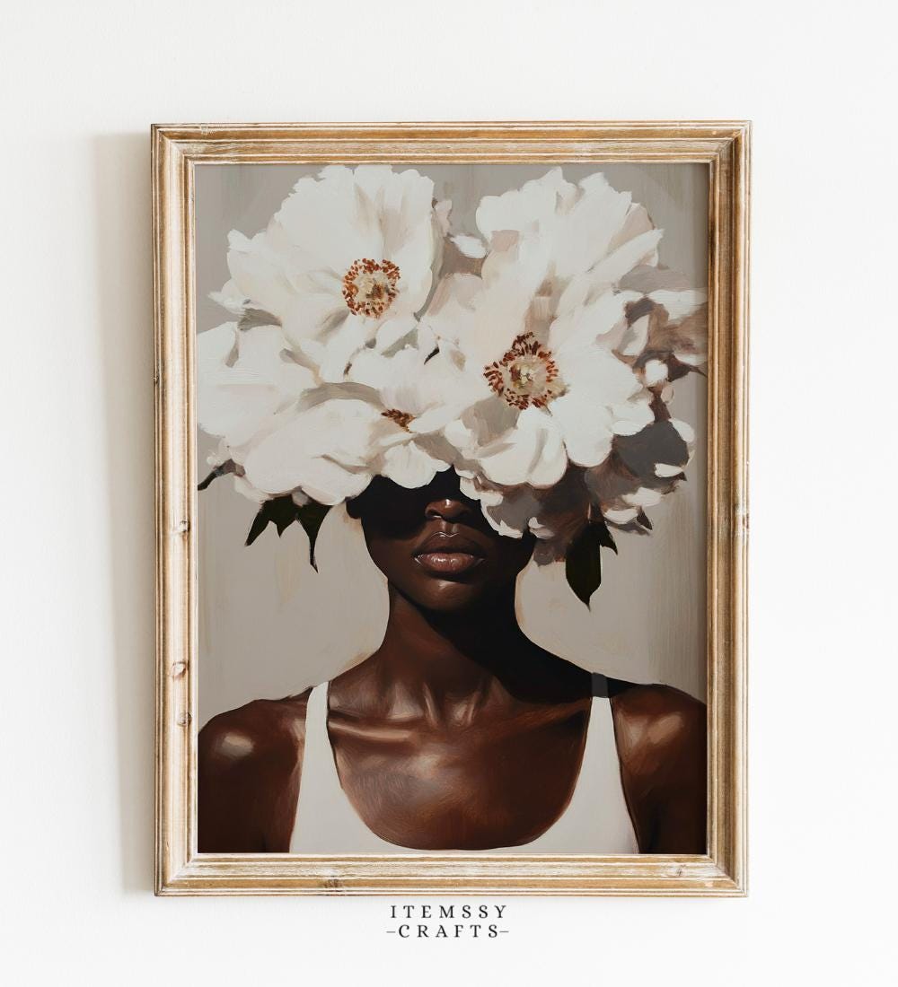 Black Woman Portrait with Oversized White Peony wall art print