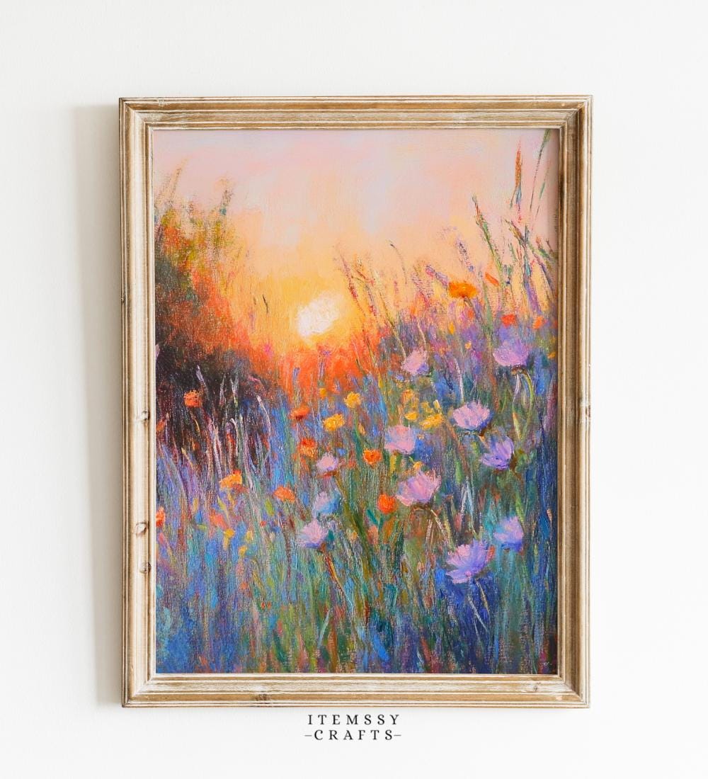 Colorful Wildflower Meadow Sunset Painting wall art print