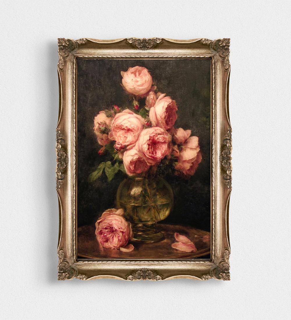 Blush Pink Roses in Green Glass Vase on Dark wall art print