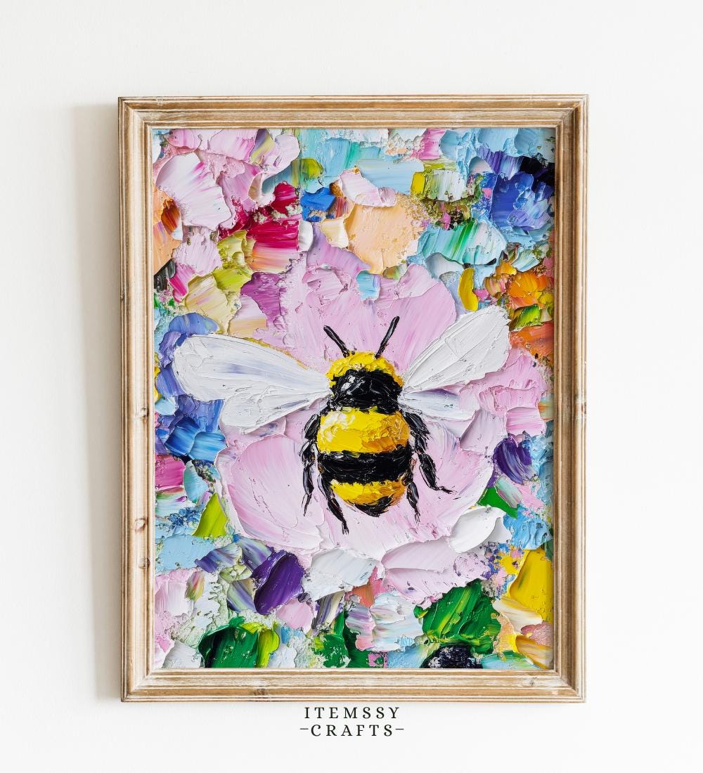 Honey Bee Print – Colorful Bumblebee on Flowers wall art print