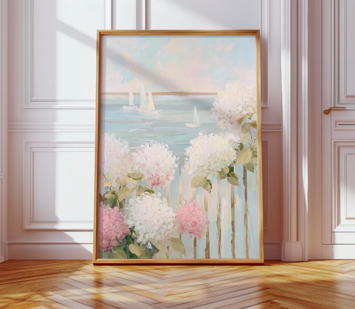 Pink and White Hydrangeas with White Picket Fence wall art print