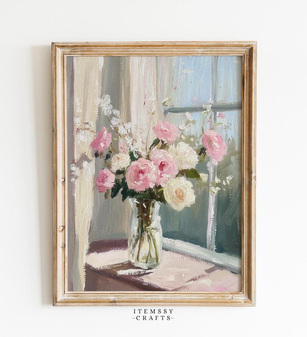 Pink and White Roses in Glass Jar by Sunlit Window wall art print