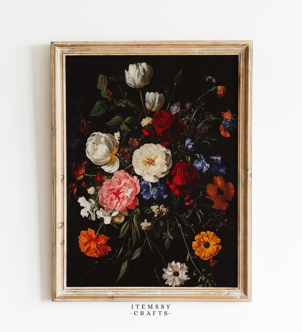 Dark Floral Bouquet with Roses Tulips Peonies and wall art print