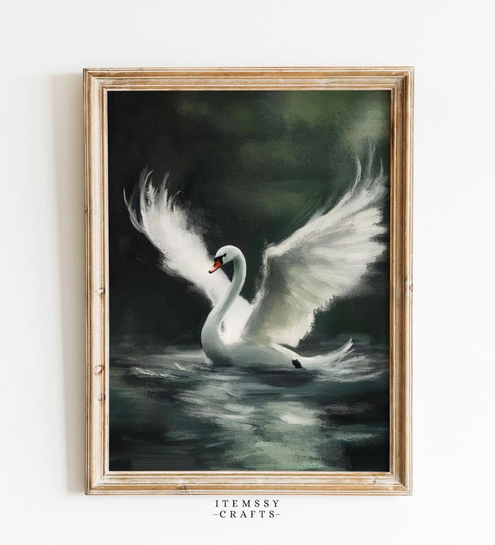 White Swan with Fully Open Wings on Dark Teal wall art print
