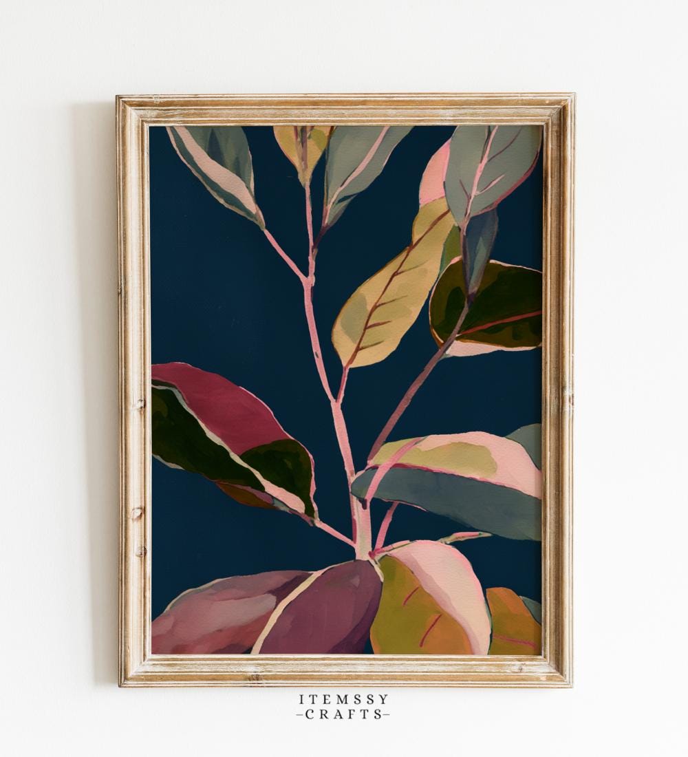Variegated Tropical Plant Branches on Dark Navy wall art print
