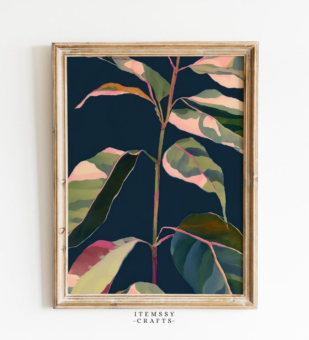 Variegated Tropical Leaves Close-Up on Dark Navy wall art print