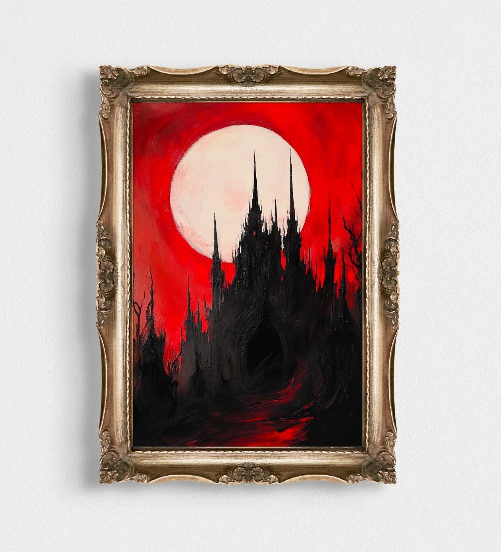 Black Gothic Castle Silhouette Against Red Moon wall art print