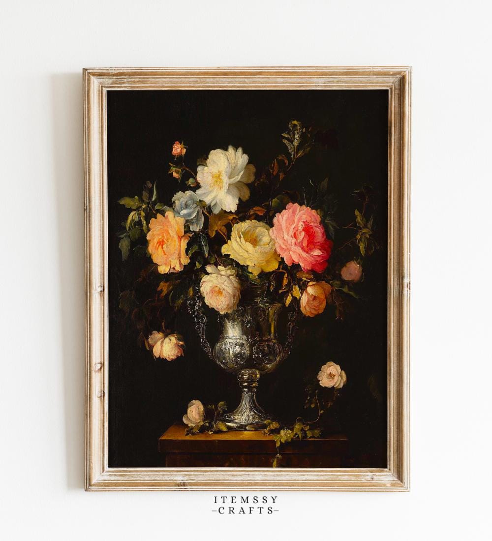 Mixed Rose Bouquet Silver Urn Dark Background Oil wall art print