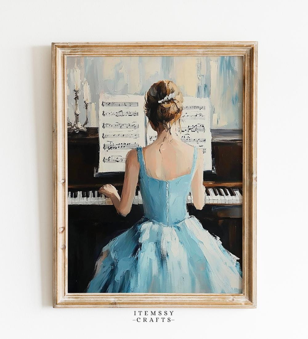Woman in Blue Dress Playing Piano Oil Painting wall art print