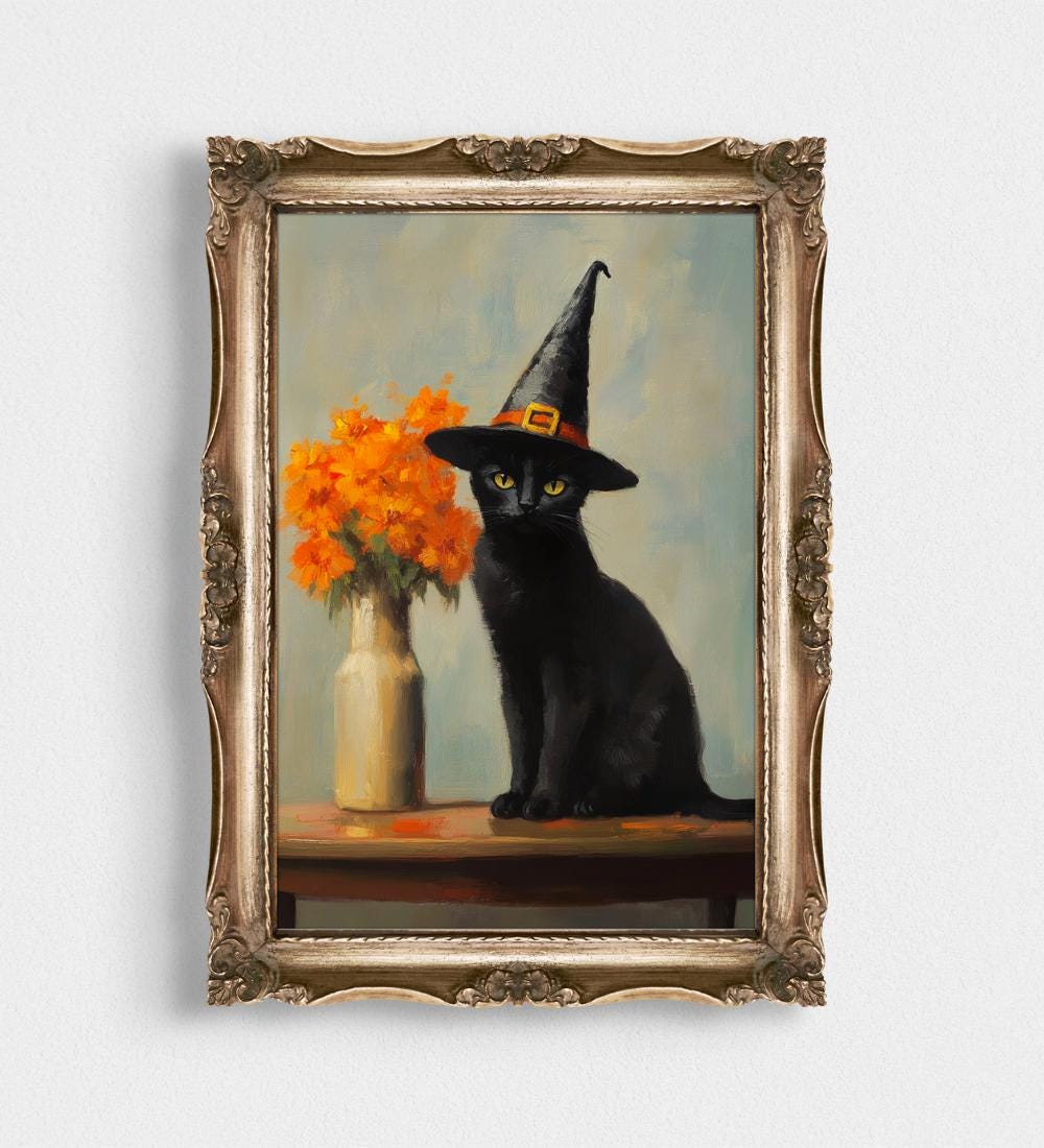 Black Cat Witch Hat Orange Flowers Painting wall art print