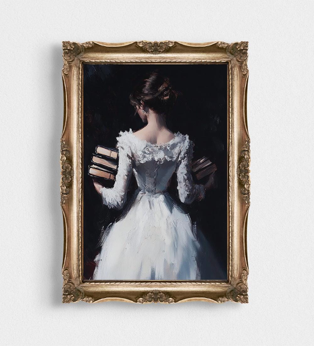 Woman in White Dress Holding Books Oil Painting wall art print