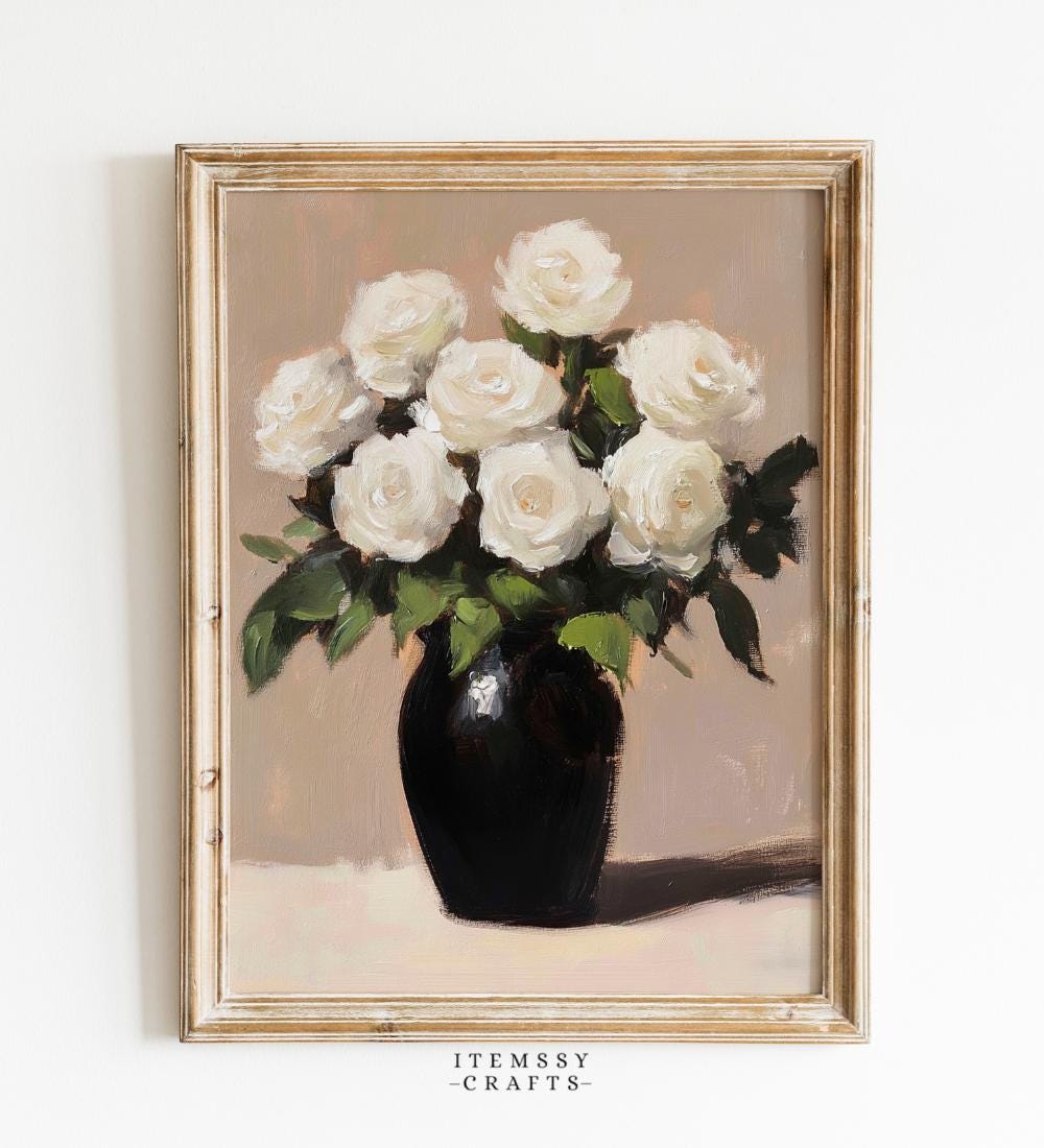 White Roses in Black Vase Oil Painting wall art print