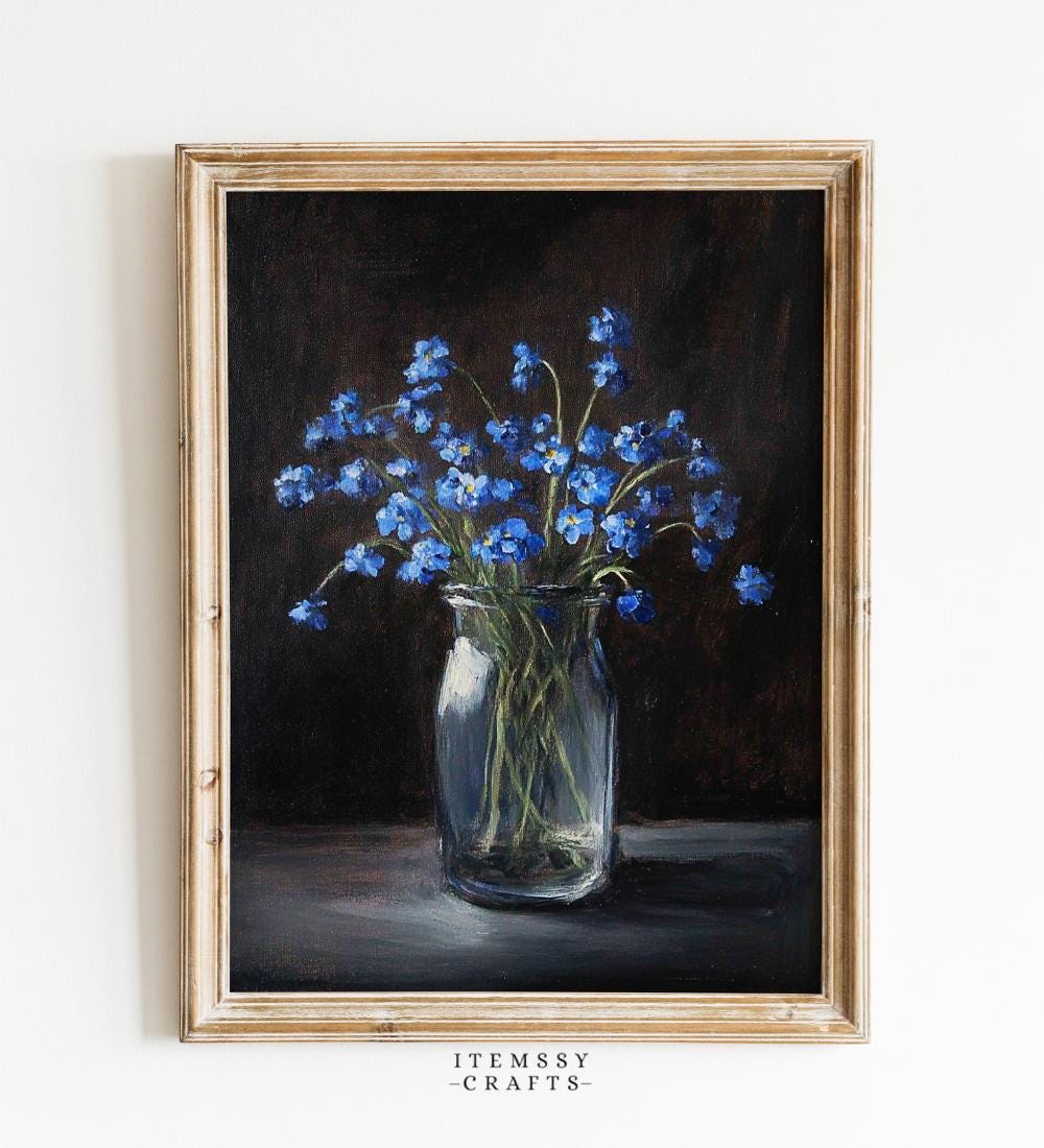 Blue Forget-Me-Not Glass Jar Painting wall art print