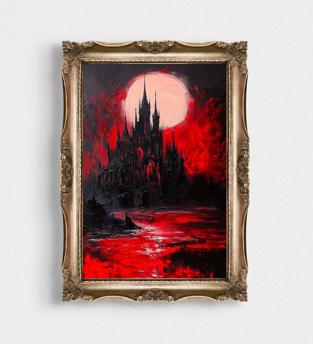 Dark Gothic Castle Red Moon Night Painting wall art print