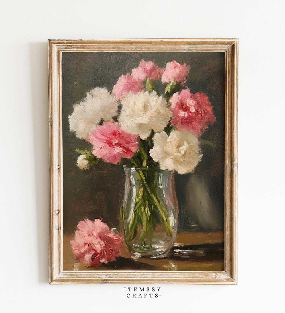 Pink and White Carnation Glass Vase Painting wall art print