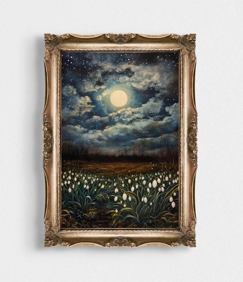Snowdrop Field Under Full Moon Night Painting wall art print