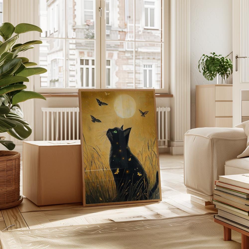 Black Cat Full Moon Night Painting wall art print
