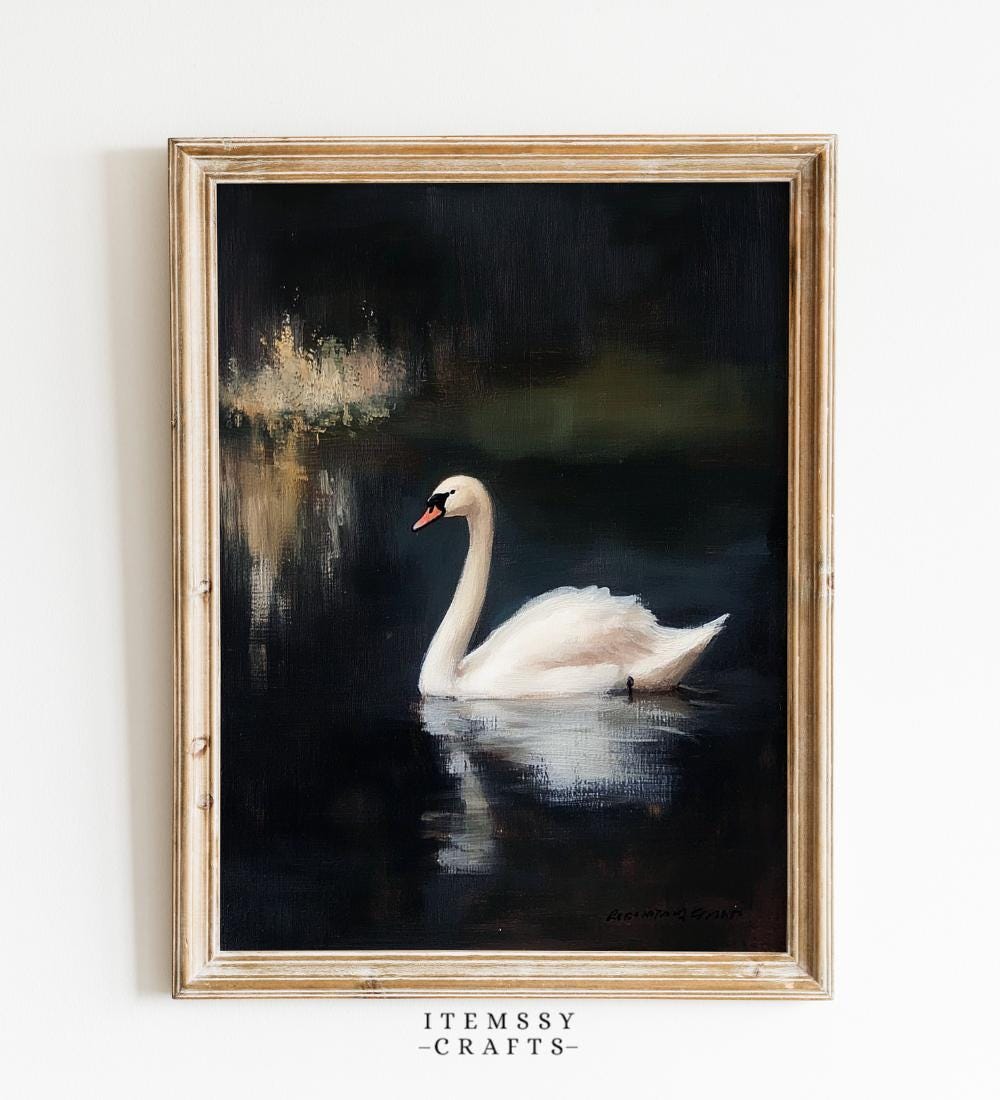 White Swan Dark Water Painting wall art print