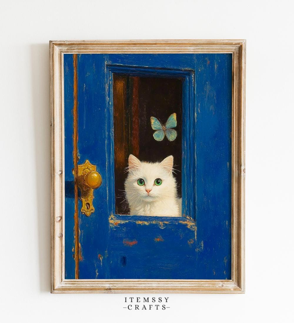 White Cat in Blue Door Painting wall art print