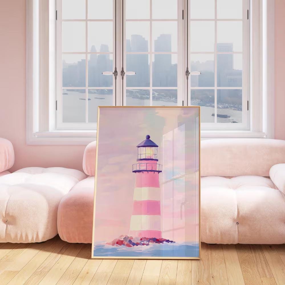 Pink & White Lighthouse Coastal wall art print
