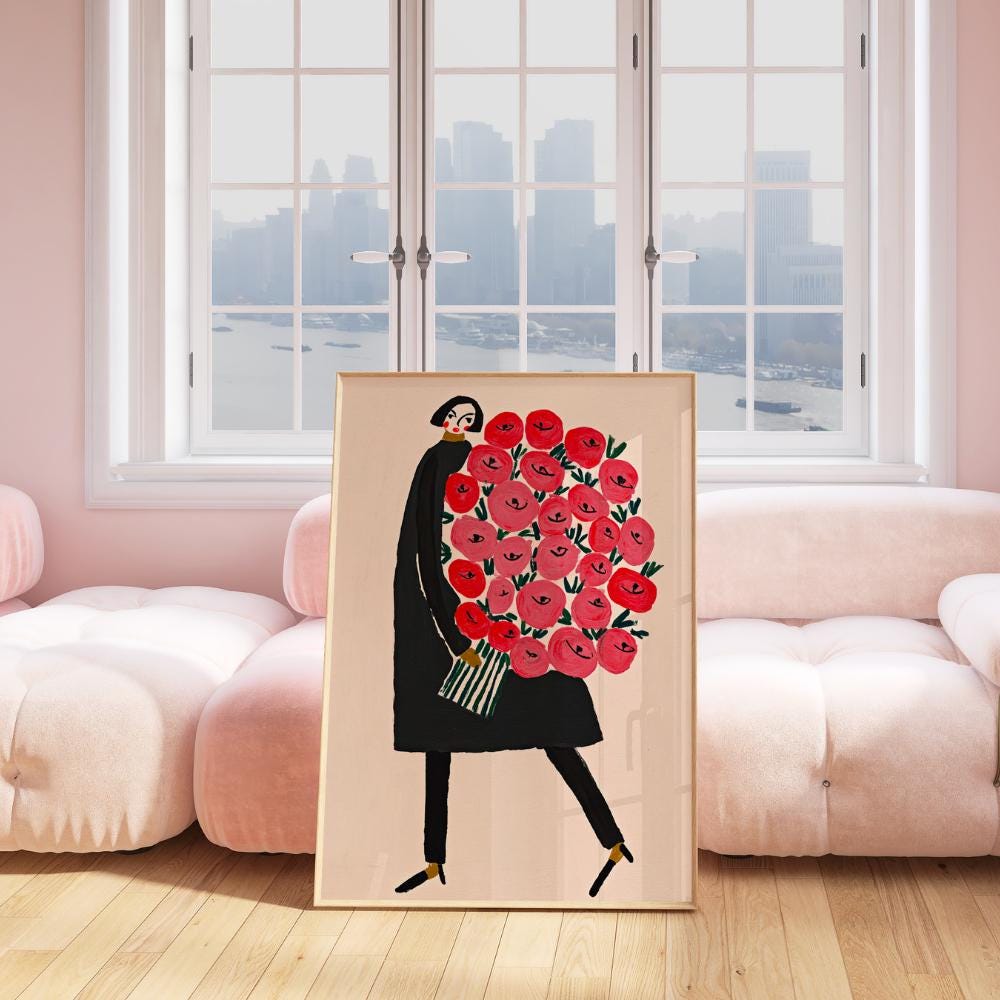 Abstract Woman with Flowers wall art print