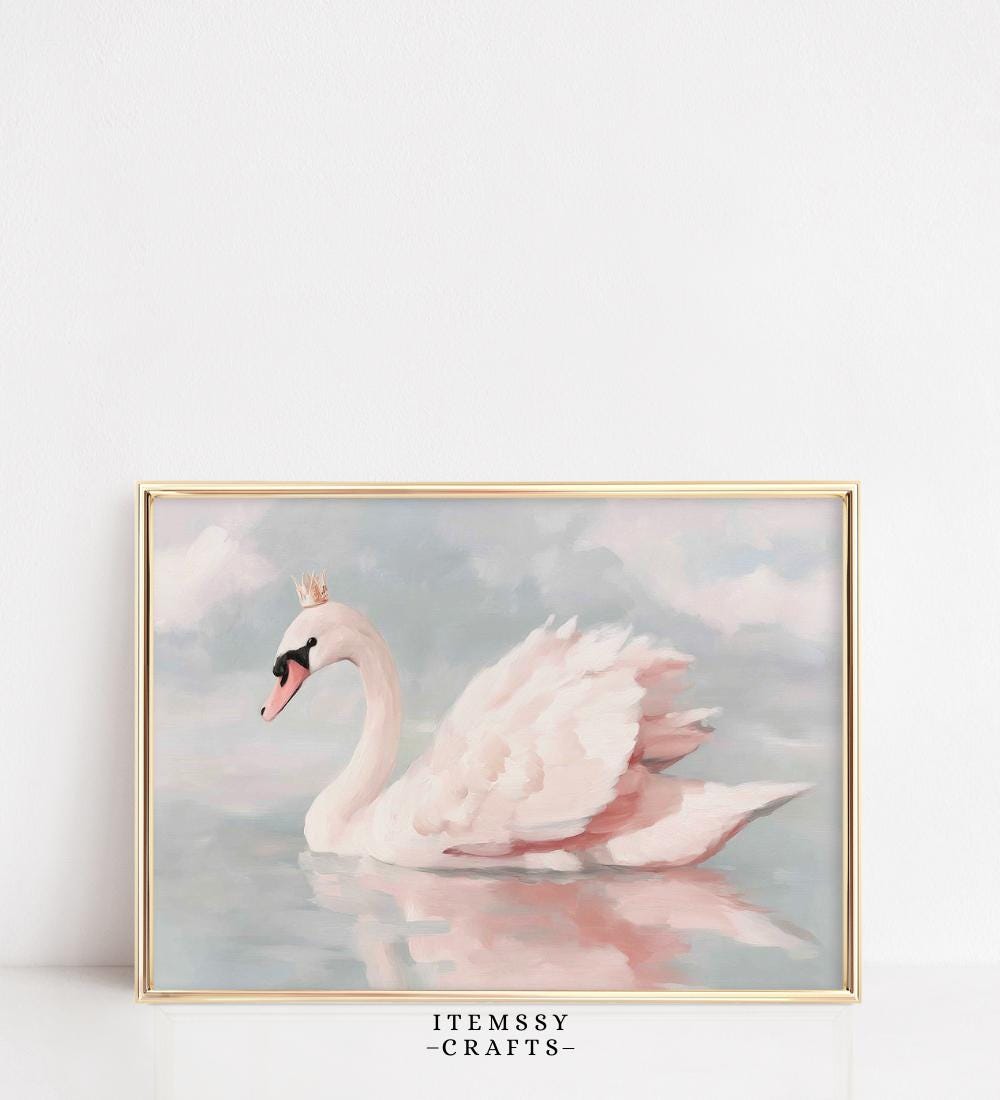 Pink Swan with Crown Painting wall art print
