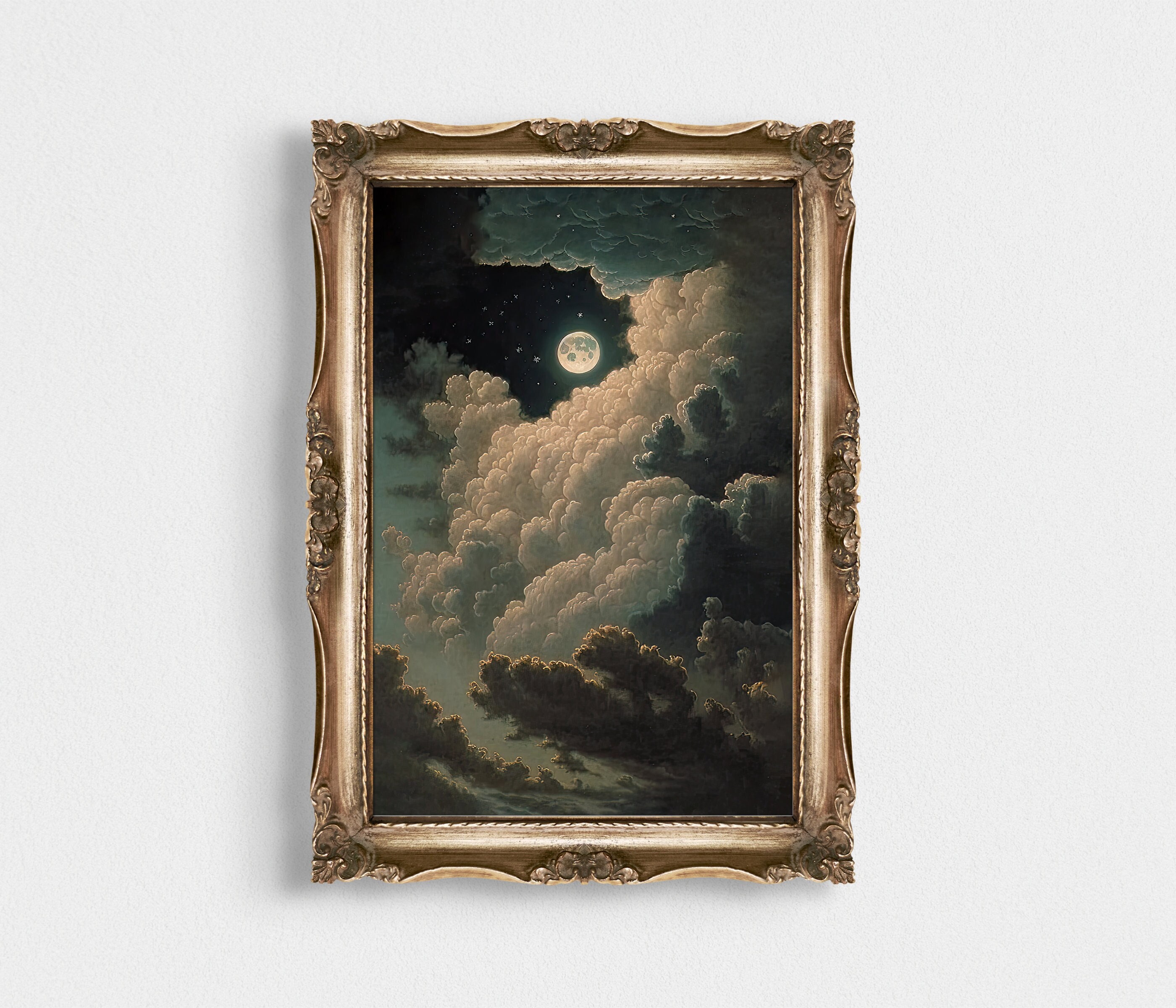 Moon and Stars Vintage Cloudy Painting wall art print