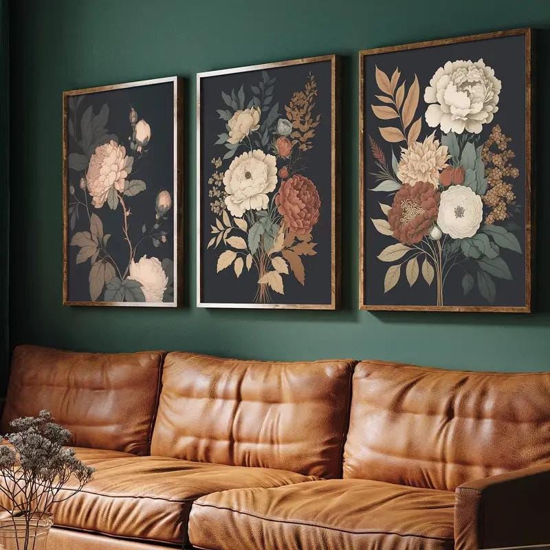 Dark Vintage Flowers Set of 3 Prints wall art print