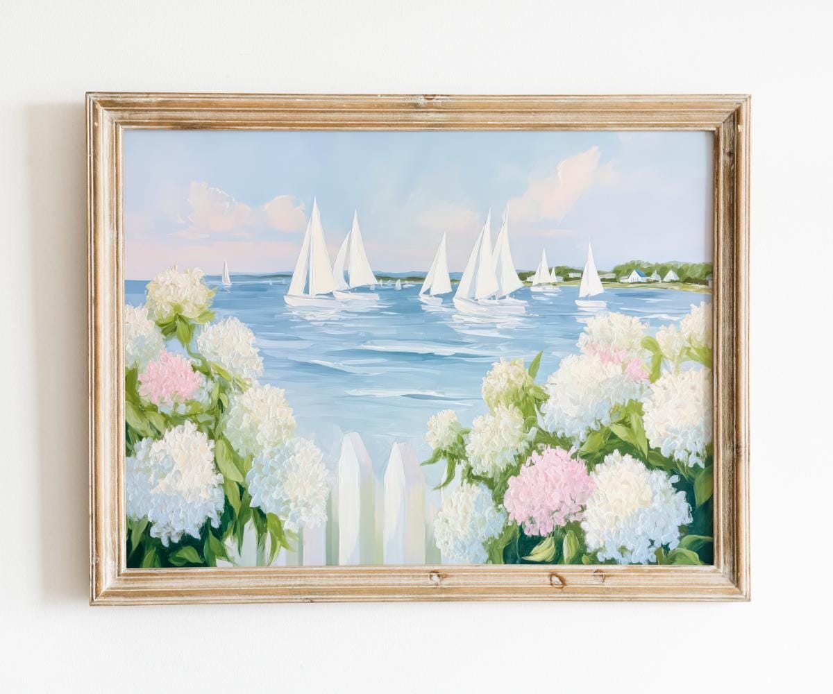 Sailboats and Pink Hydrangeas wall art print