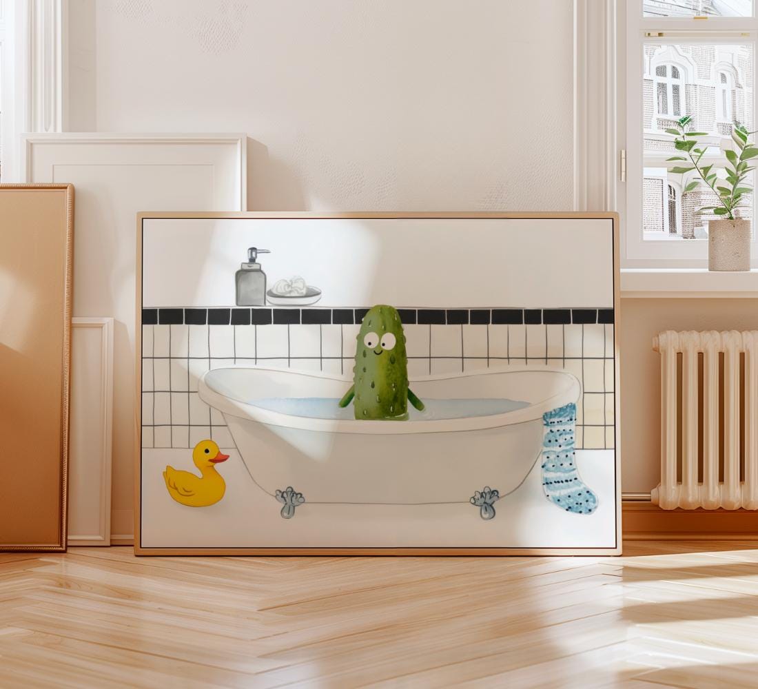 Whimsical Pickle Bubble Bath Art wall art print