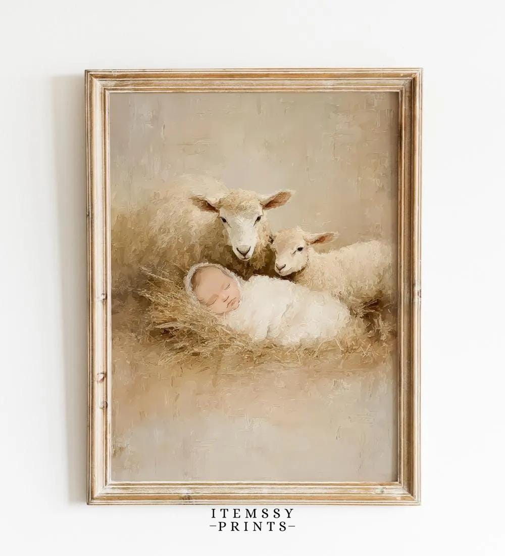 Nativity Art Print Baby Jesus with Lambs wall art print